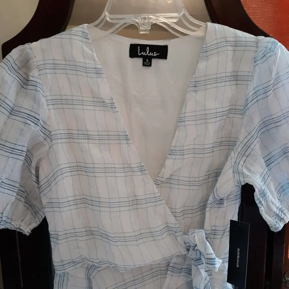 Lulus NWT Womens White Blue Plaid Faux Wrap Fit and Flare Mini Dress Siz… - Picture 10 of 10